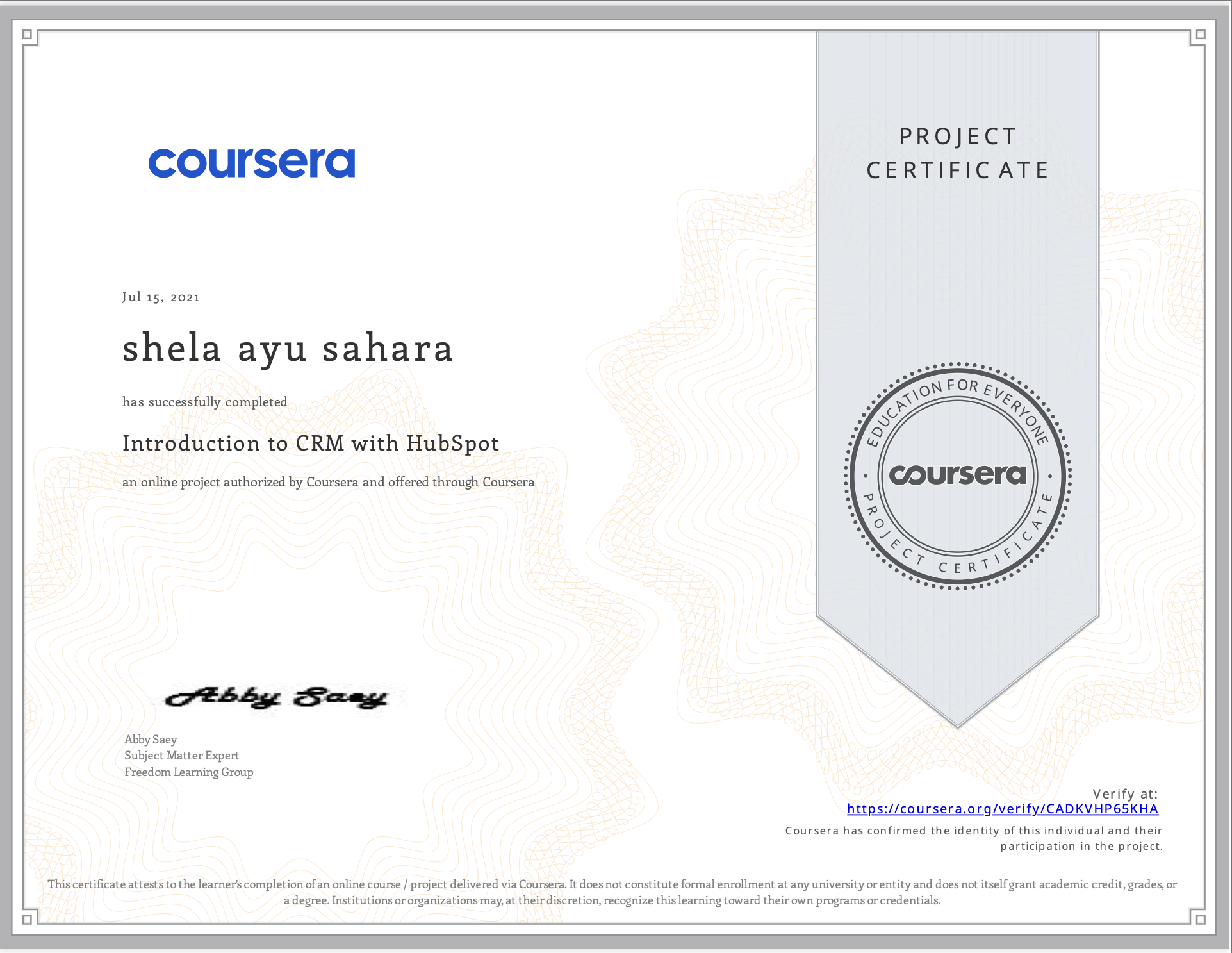 Introduction to CRM with HubSpot Certificate
